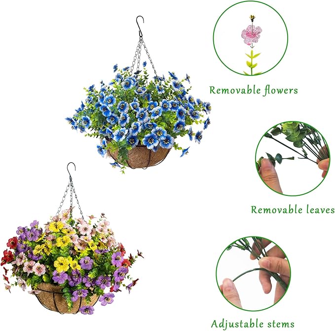 Artificial Hanging Plants Flowers with Basket 2 Packs, Artificial Hanging Flowers for Outdoors, Faux Hanging Plants Outdoor, Fake Flowers, Yellow+Purple+Pink+Red&Blue