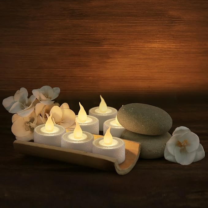 FURORA LIGHTING White Glitter LED Tealight Candles Pack of 12, Flameless Flickering Tealight Candles for Home Décor, 1.5’’(W) x 1.65’’(H), Battery Operated