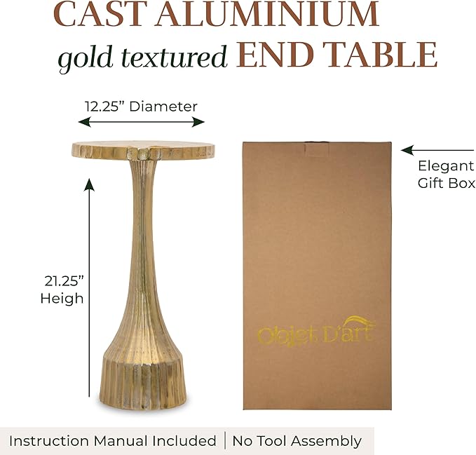 OBJET D'ART Small Round Gold End Table, Cyrus, 22'' Height, Vintage Metal Accent, Side, Pedestal, Cocktail, and Drink Tables for Living Room and Small Spaces