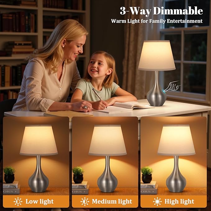 Seealle Touch Table Lamps for Nightstand, 3-Way Dimmable Small Bedroom Lamps for Night Stands, Silver Bedside Lamps for Living Room, Kids Room, End Table(LED Bulb Included)