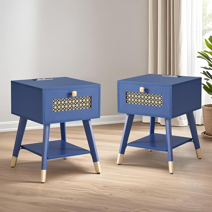 Mid Century Modern End Table, Small Side Tables with Charging Station & Outlets and USB Ports, Blue Wood Nightstand with Storage Drawer and Open Shelf for Living Room, Set of 2