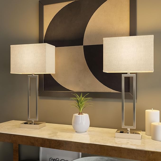 LEDMyPlace 28" Bedside Table Lamp w/ USB Port, On/Off Switch—E26 Lamp Holder—Brushed Nickel Finish & Fabric Linen Shade—Nightstand, Desk Lamp for Bedroom, Living Room, Office, Hotel Room—14"Wx28"Hx7"D