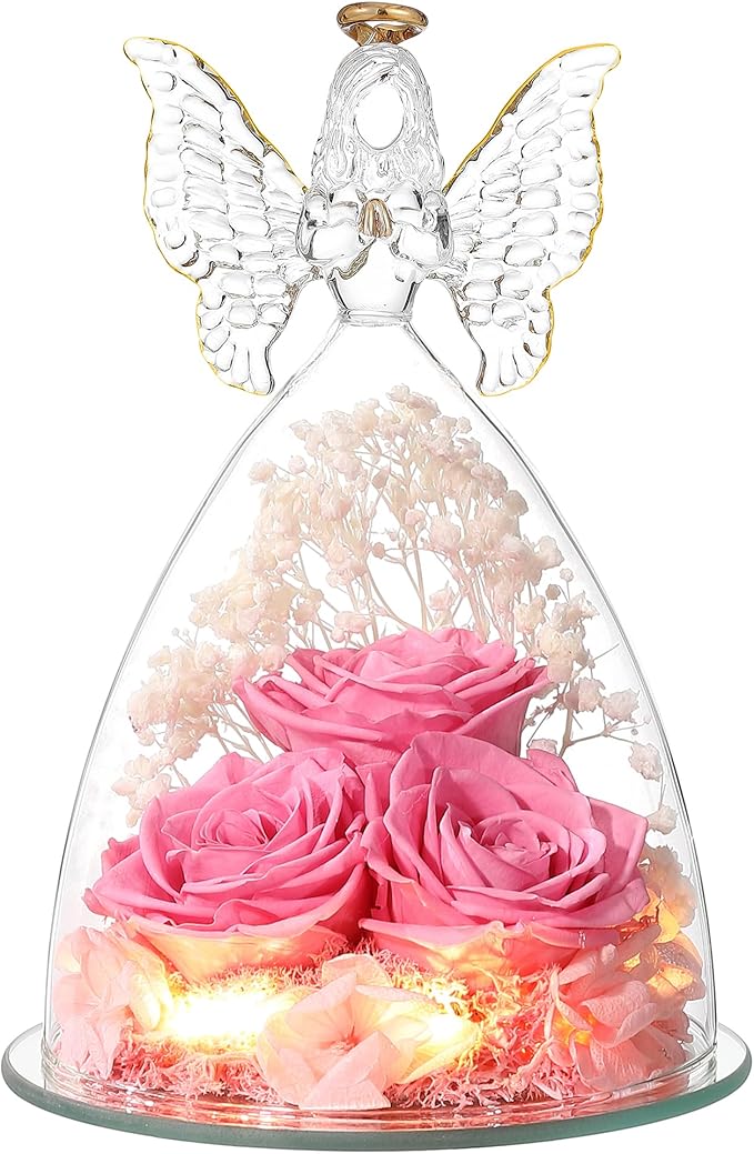 Christmas Rose Gifts for Women Preserved Real Flower in Glass Angel Figurines Roses for Delivery Prime Birthday Gifts for Mom Grandma Girlfriend Wife Her, Sweet Pink