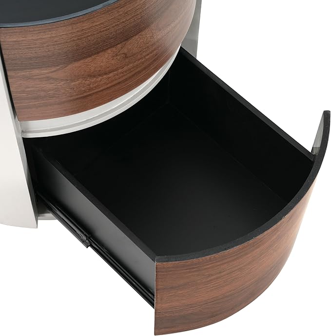 WILLIAMSPACE 17.13" Round Small Coffee Table with Double Storage Drawers & Tempered Glass Top, Modern Accent Side Table Retro Style End Sofa Table for Living Room Apartment, Brown + Gray