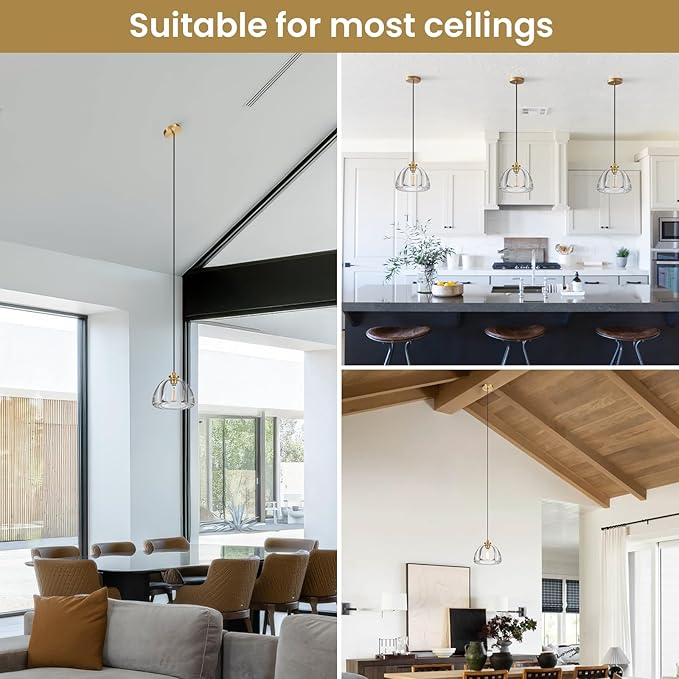 Crystal Pendant Light Kitchen Island: 2 Pack Luxury Brass Hanging Lights - 7" Modern Crystals Hemispher Lighting Fixture over Dining Table - Adjustable Gold Pendants Light for Bathroom Bulbs Included