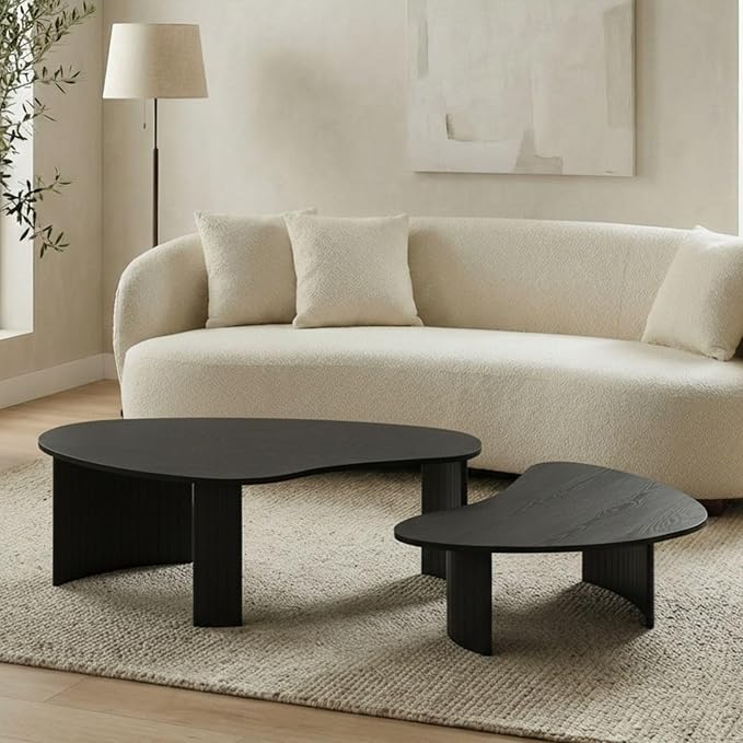 Black Wood Coffee Tables Set of 2 for Living Room, Modern Nesting Center Table with Fluted Solid Rubberwood Legs and Oval Mango Shape for Small Apartment