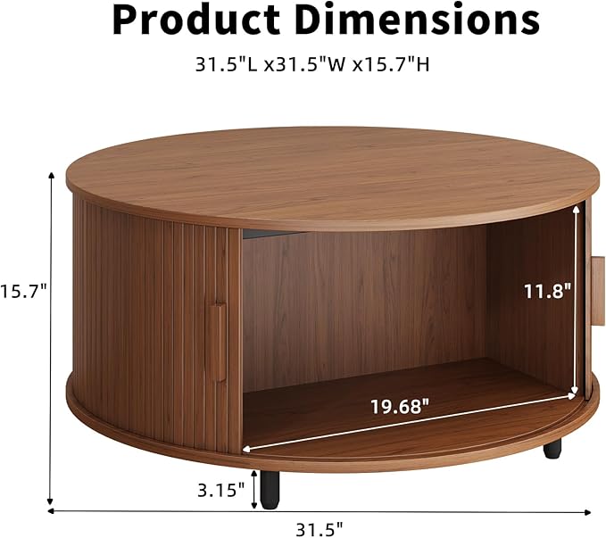 31.5 Inch Round Coffee Table, Fluted Coffee Tables with Storage, Mid-Century Modern Center Tables, Living Room Table with Sliding Door and Wood Handle for Living Room, Walnut