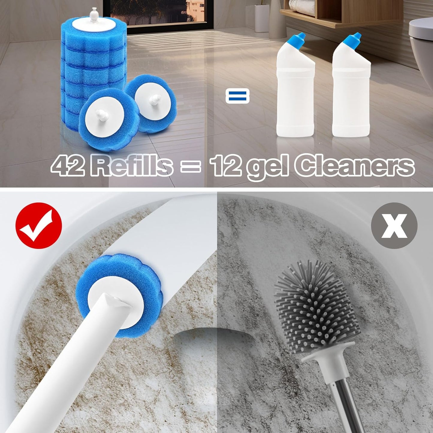 JEHONN Disposable Toilet Brush with Tweezers, Toilet Bowl Wand Holder Set with 42 Cleaner Refills, Bathroom Cleaning System for Sink Bathtub Wash Basin (White Orange)
