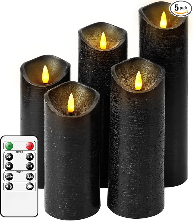 Flickering Flameless Candles with Remote Control and Timer Set of 5 Pc Real Wax LED Pillar Candles, Battery Operated Candles（D2.2×H5/5.5"/6"/7"/8"） Home Decor Flameless Candles（Black）