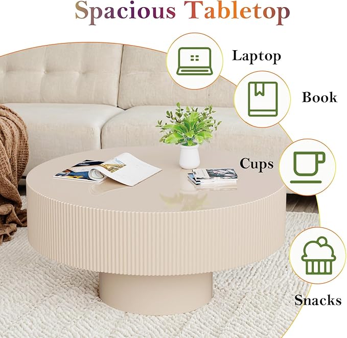Round Drum Coffee Table, Modern Luxury Spacious Fluted Center Table for Small Space - Home Office Apartment (Lvory White)