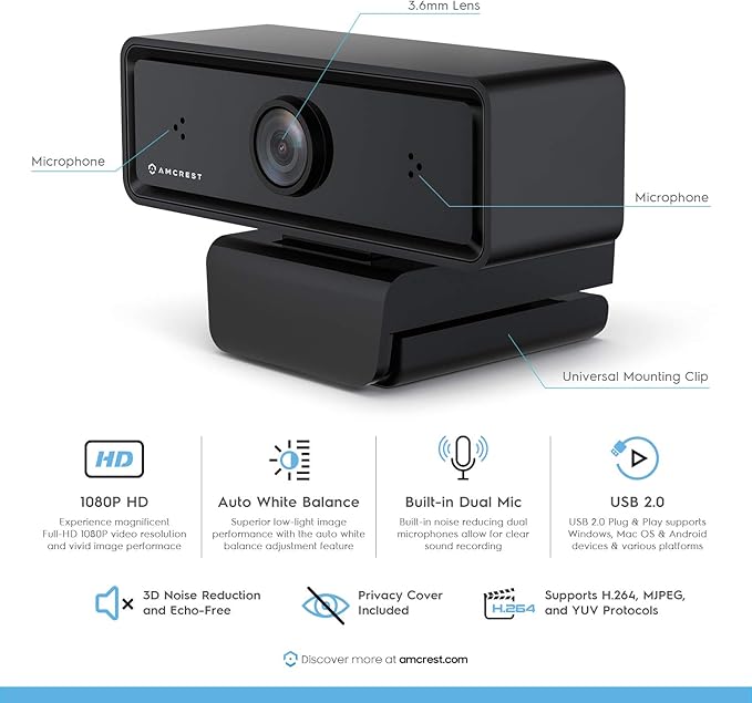 Amcrest 1080P Webcam with Microphone & Privacy Cover, 2 Noise-Cancelling Mics, USB Webcams for Desktop/Laptop PC Computer, Web Cam for Calls, Conference, Zoom, Skype, Online Classes, Meetings AWC2198