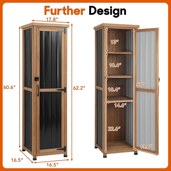 Outdoor Storage Cabinet, Wood & Metal Storage Shed with Weatherproof Roof, 3 Removable Shelves, Lockable Door, Adjustable Feet, Outside Storage Cabinet for Garage, Patio, Backyard