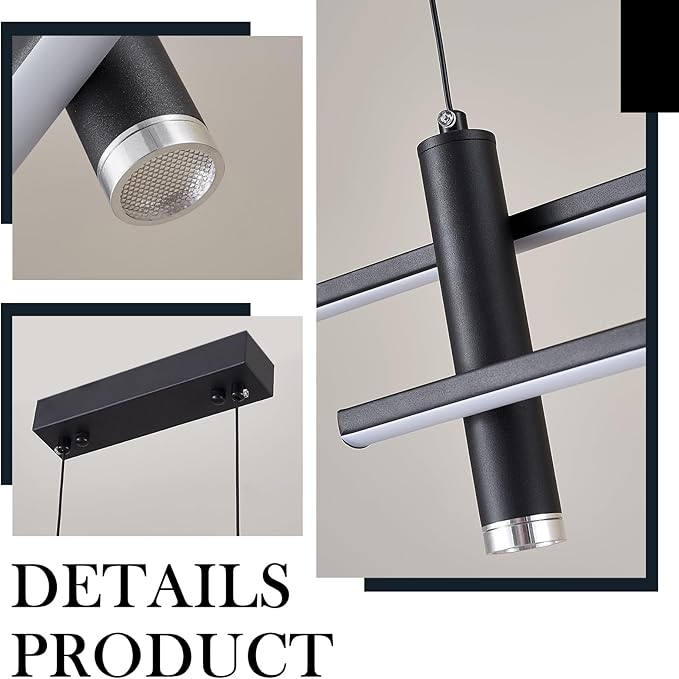 Modern LED Chandelier 59.1 Black Kitchen Island Pendant Light Fixtures Linear Pendant Lighting with Remote Dining Rooms Living Room Dimmable 3000K-6000K
