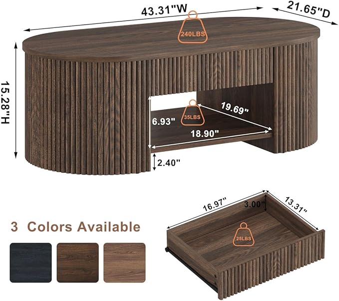 FATORRI Coffee Table with Storage, Mid Century Modern Wood Fluted Center Table with Shelf, Oval Coffee Tables with Drawer (Dark Walnut, 43.31 Inch)