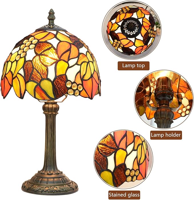 Tiffany Stained Glass Table Lamp Orange Grape Bedroom Bedside Reading Desk Light for Office Dormitory Bar Decorate Retro Style Unique Cute Accent Decor Cottage 8" Village Nightstand Lamps