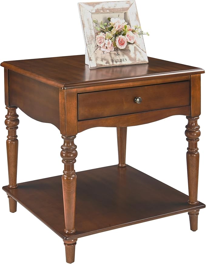Solid Wood End Table with Drawer and Storage Shelf, Anne Queen Designed Beside Table with Solid Wood Roman Legs, Square Accent Tables and Meeting Table for Living Room, Bedroom Cherry Brown