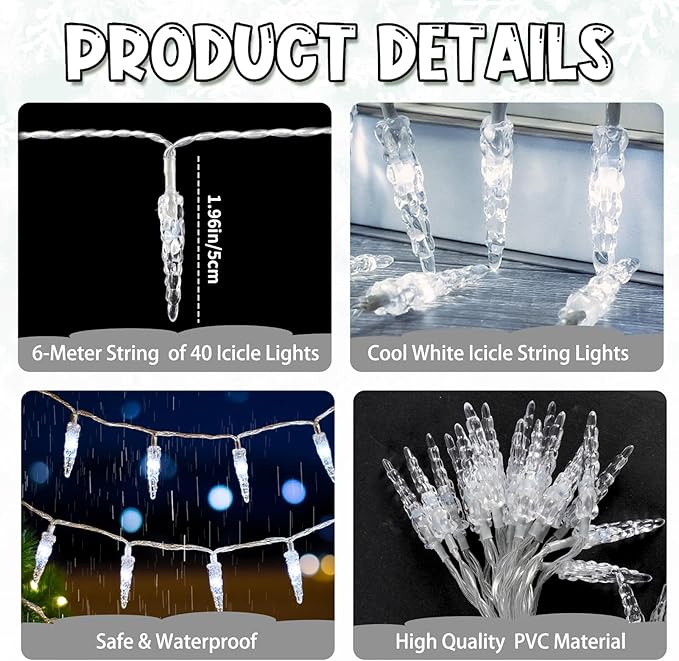 Christmas Icicle Lights Indoor，20ft 40 LED Icicle String Lights Battery Operated Powered Christmas Lights for Indoor Winter Christmas Decorations