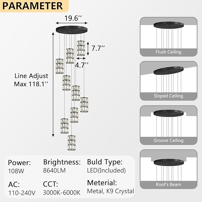 9-Lights Modern Crystal LED Dimmable for Staircase Foyer High Ceiling Chandeliers Hallway Black