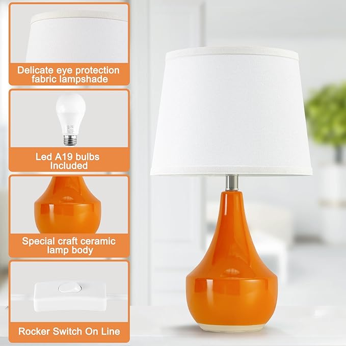 GyroVu Table Lamp Set of 2, Ceramic Lamp Classic Beside Lamps Nightstand Lamp Modern Table Lamp for Living Room, Bedroom & Office Rocker Swtich Orange-LED Bulbs Included