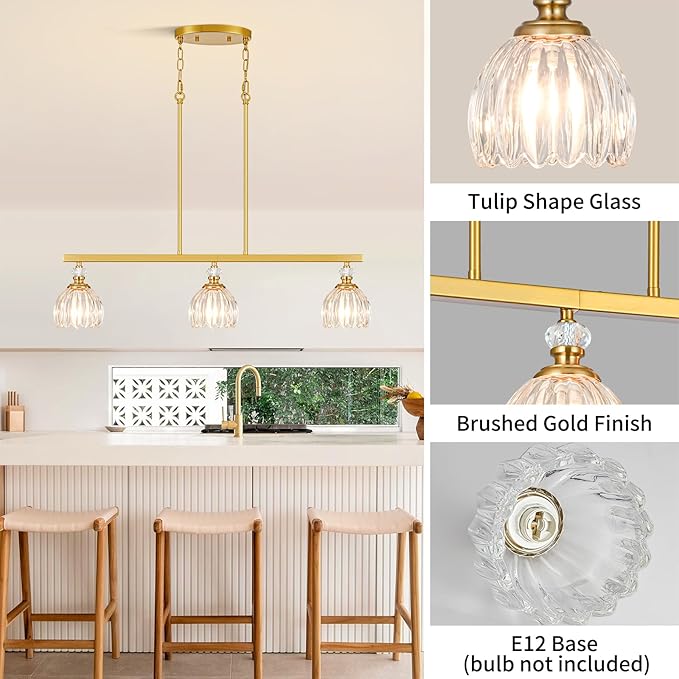Gold Island Light for Kitchen, 3-Light Linear Chandelier for Kitchen Island with Tulip Glass Shades, Brushed Gold Finish Hanging Light Pendant Fixture Over Dining Table