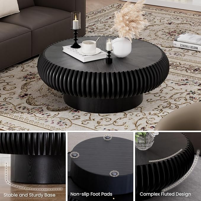 31.5" Drum Coffee Table Modern Unique Fluted Tea Table Contemporary Wood Round Coffee Table with Fluted Centry Table for Living Room Walnut (31.5" Black)