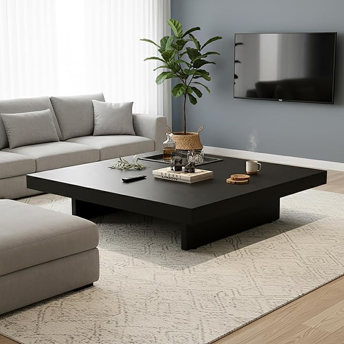 Modern Square Coffee Table for Living Room, Low Profile Wood Center Table with 2" Thick Tabletop & Optional Storage Tray, Sturdy Minimalist Design (31.5"/39.4" Black/Walnut)