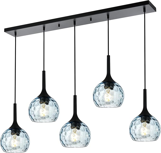 VINLUZ Farmhouse Chandelier 5-Light Classic Pendant Light with Blue Round Ribbed Glass Shade, Black Finish Linear Hanging Lighting Dining Room Light Fixture
