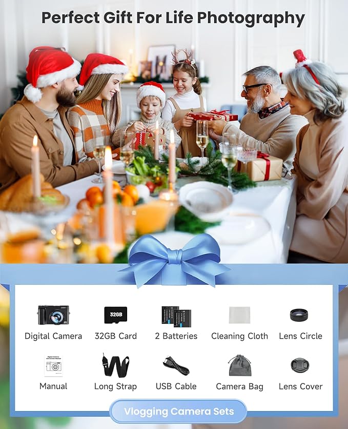 4K Digital Camera for Photography, WiFi Autofocus 64MP Vlogging Camera for YouTube, 180° 3" Flip Screen 30FPS Video Cameras with Flash Anti-Shake 16X Zoom 32GB Card, Compact Travel Digital Camera