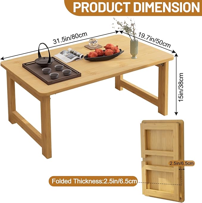 Japanese Floor Table, Bamboo Folding Coffee Table, Portable Solid Wood Japanese Tatami Tea Table Table, No Assembly Japanese Dining Table for Sitting on The Floor, Easy Storage (Natural)