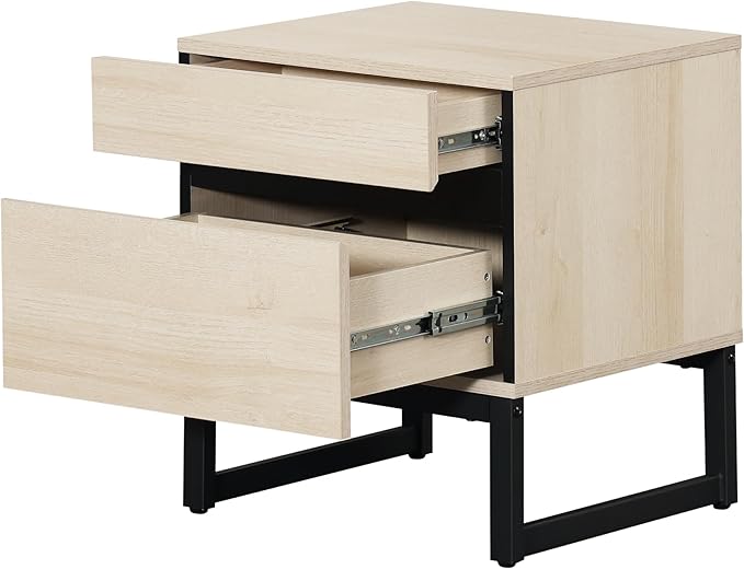 WAMPAT Modern End Table with 2 Drawers, Farmhouse Sofa Table Featuring Black Square Iron Legs, Rustic Wood Side Table for Living Room or Nightstand for Bedroom, Light Oak