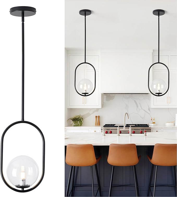 Glass Pendant Lights - 1-Light Pendant Lighting for Kitchen Island with Black Finish - Vintage Pendant Light Fixtures - Black Hanging Lights for Kitchen H9376-CLBK
