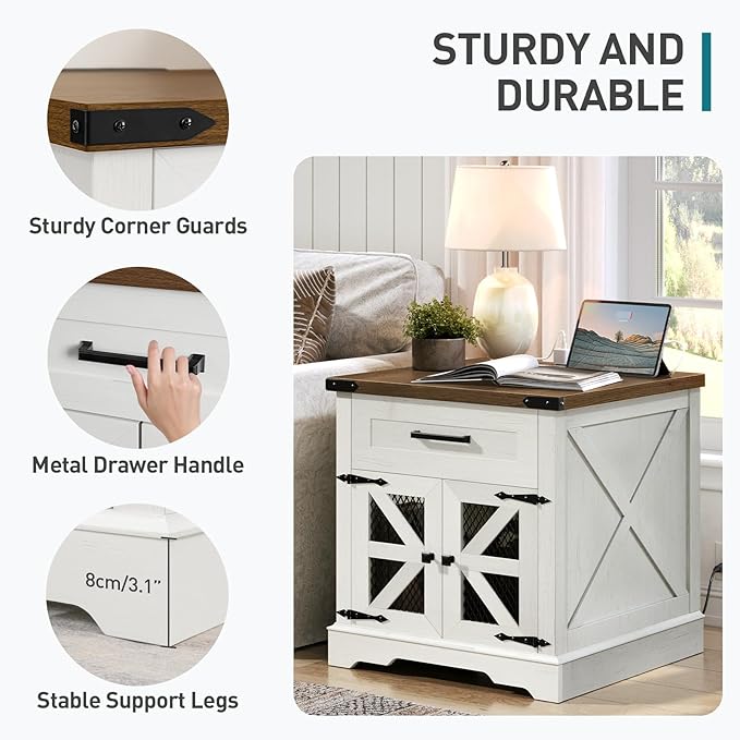 White Farmhouse End Table Set of 2, 24" Large Sofa Side Table with Drawer, Large End Table for Living Room, Wooden Nightstand with Charging Station, Square, White and Walnut