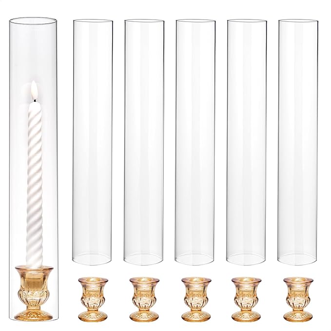 CHILL RECIPE Glass Hurricane Candlestick Holders 14" Tall Cylinder Candle Holder Chimney Tube, Floral Taper Crystal Candle Stick Holder for Birthday Wedding Christmas Home Decor(6Pcs Gold)