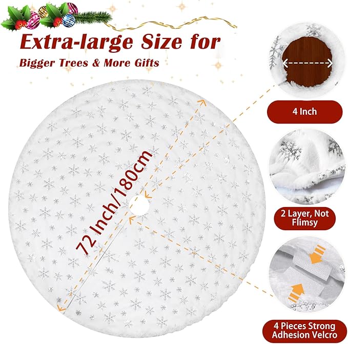 72 inch Christmas Tree Skirt,White Faux Fur Tree Skirts Thick Soft Christmas Ornaments,Extra Large Xmas Tree Skirt for Christmas Home Decorations Xmas Party Holiday Decorations