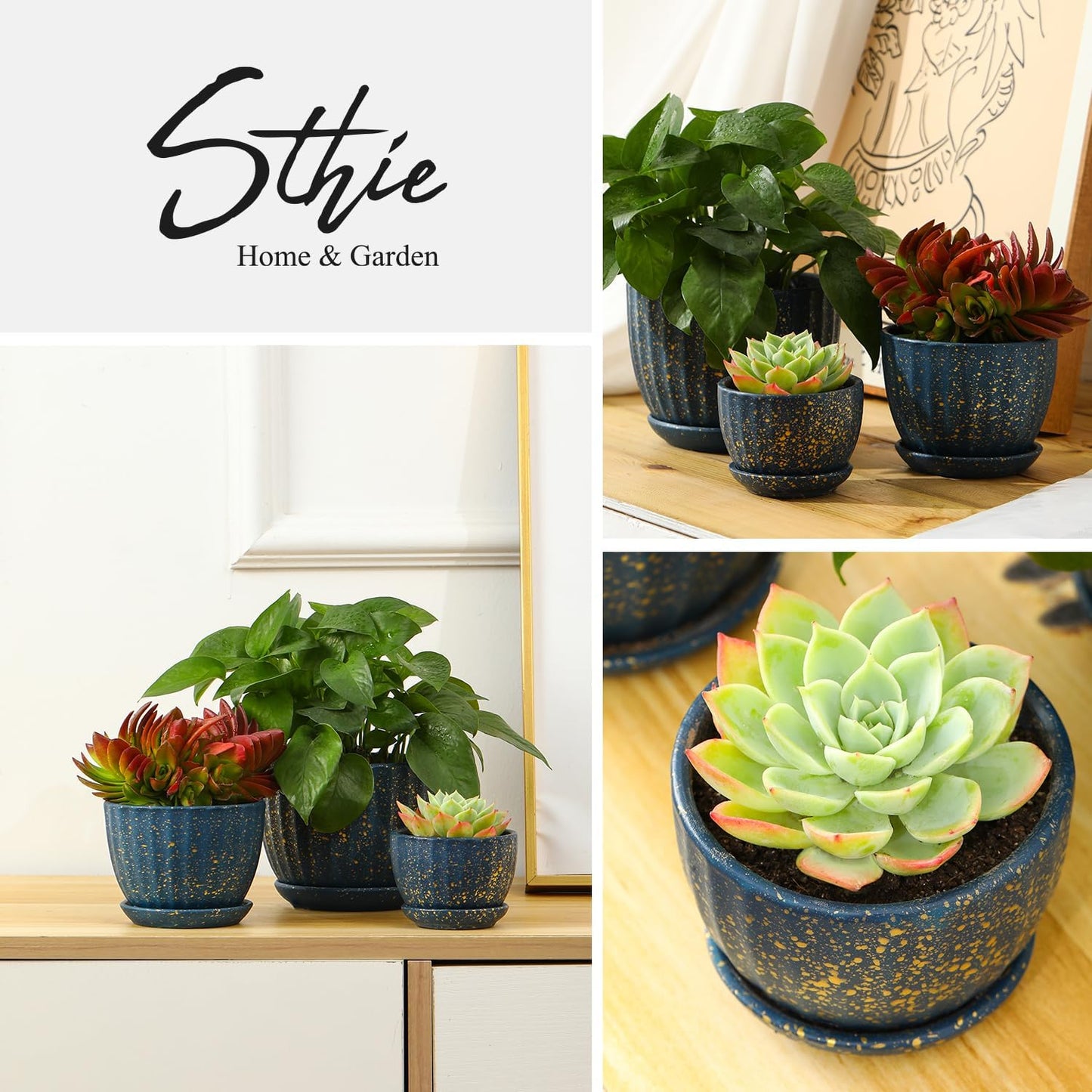 Ceramic Plant Pots with Drainage Holes and Saucers, Round Blue Flower Pots for Indoor Plant, Diameter 3.3/4.3/5.5 Inches Small Mini Flower Planters Set of 3