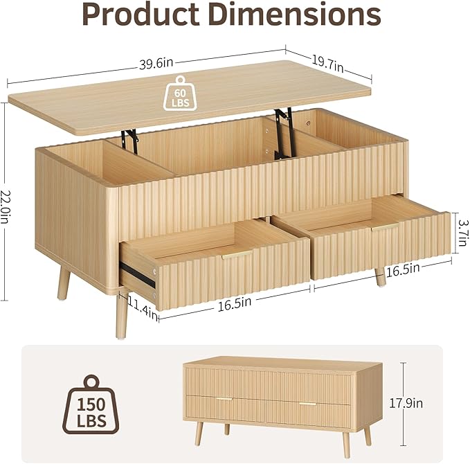 Fluted Lift Top Coffee Table- Wood Coffee Tables with Storage for Living Room, Mid Century Modern Square Large Center Table with Drawers & Hidden Compartment for Home Office, Reception