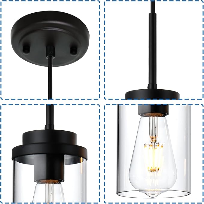 MELUCEE 3 Pack Hanging Pendant Lighting Fixtures Black, Adjustable Hanging Ceiling Lamp with Clear Glass Shade, Modern Pendant Light for Kitchen Island Dining Room Bedroom Hallway