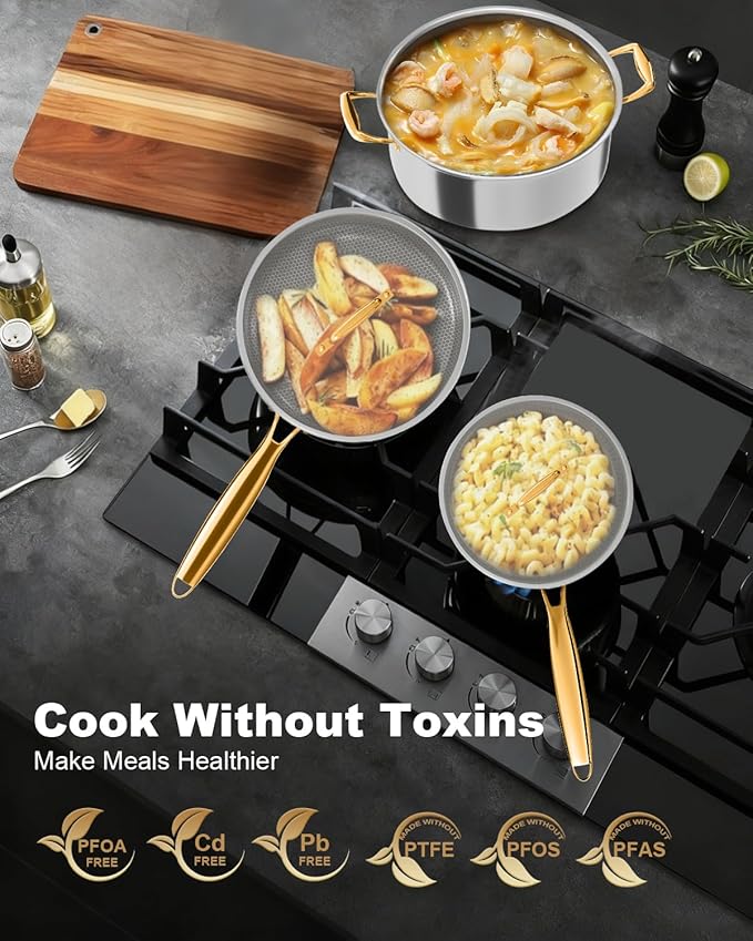 FogDream 5pcs Stainless Steel Cookware, Tri Ply Pots And Pans Set, Non Stick Frying Pans, Cool Handles, Dishwasher Safe, Induction Compatible, Silver (rose gold)