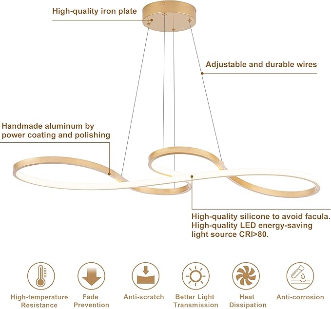 Modern LED Chandelier Dining Room Modern Pendant Light Dimmable Creative Contemporary Chandelier Adjustable Hanging Lighting Fixture for Living Room Kitchen Island 3000K/4000K/6000K (Gold)