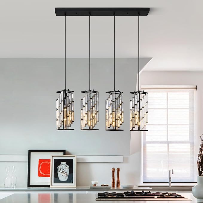 4-Light Adjustable Pendant Light, Modern Mini Crystal Chandelier with Black Metal Frame, Kitchen Island Lighting for Dining Room, Bedroom, Easy Installation