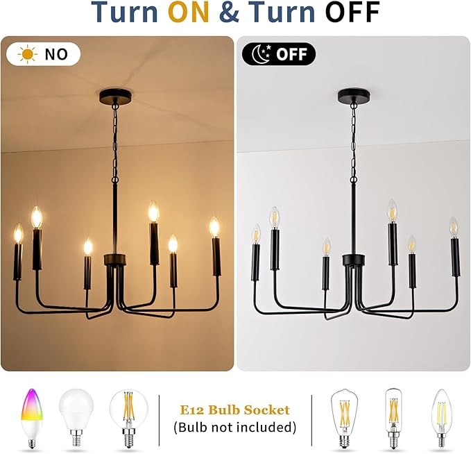 Farmhouse Candle Chandelier, 6 Light Rustic Black Ceiling Pendant Light Fixture, L-Arm Design Industrial Dining Room Hanging Lighting for Living Room, Entryway, Foyer, Kitchen Island