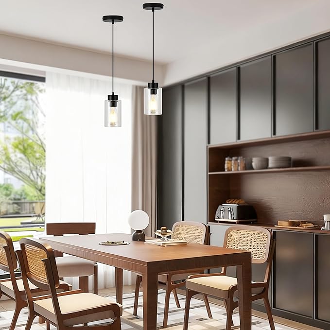 Modern Pendant Light, Matte Black Pendant Lights Kitchen Island,Farmhouse Pendant Lighting for Dining Room Bedroom Bar Office 2 Pack
