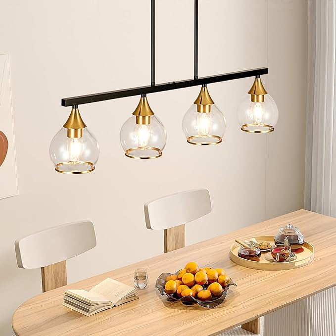 Island Light for Kitchen, 4-Light Black and Gold Kitchen Island Farmhouse Linear Hanging Pendant Chandeliers, Matte Black Dining Room Light Fixture Over Table with Clear Round Glass Shades