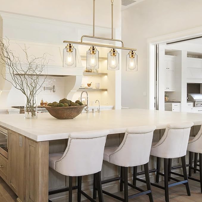 Dining Room Light Fixture - Brushed Gold 4-Light Farmhouse Chandelier Kitchen Island Lights Fixtures Modern Linear Chandeliers Hanging Pendant Lighting Over Table for Dining Room