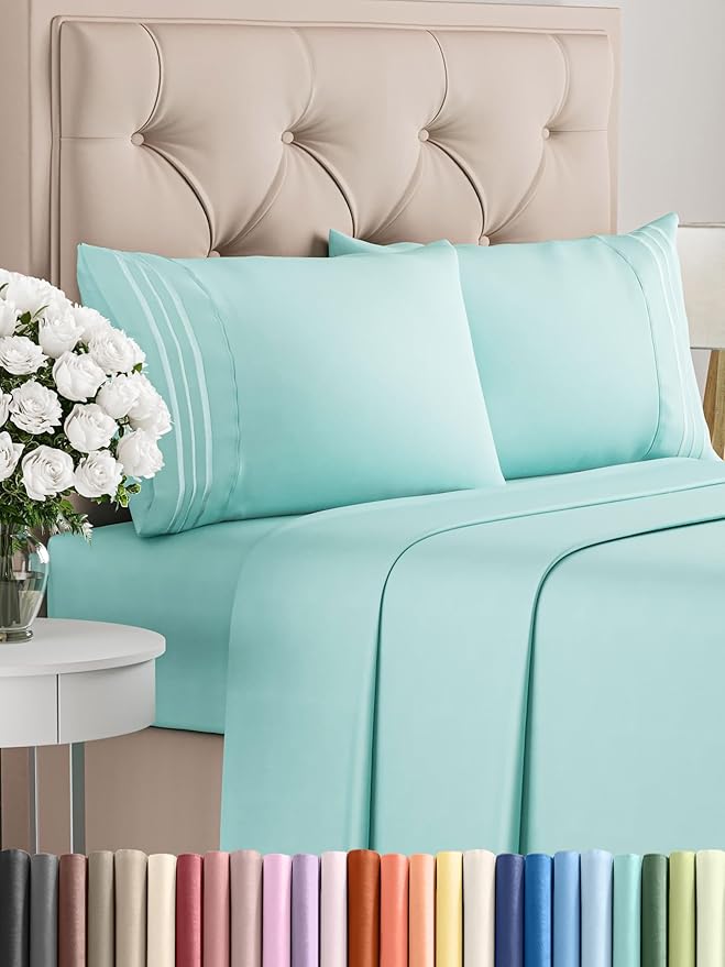 Queen Size 4 Piece Sheet Set - Comfy Breathable & Cooling Bed Sheets Set - Hotel Luxury Bedding for Women, Men, Kids, Teens, Boys & Girls - Deep Pockets, Ultra-Soft, Wrinkle Free - Oeko-Tex - Spa Blue