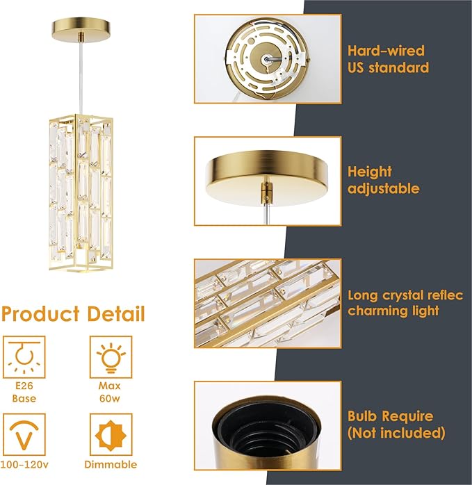 Brass Pendant Lights Modern Pendant Light Fixture, Mini Crystal Pendant Ceiling Light, Pendant Light for Kitchen Island, Dinning Room, Bedroom, Kitchen Sink Lighting (2-Pack)