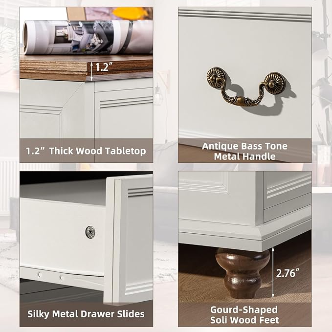 Farmhouse 54" 7 Drawers Dresser for Bedroom, White Wood Chest of Drawers w/ 4 Wooden Legs, Vintage Closet Storage Dressers Organizer for Hallway, Rustic Large TV Stand for Living Room, Foyer