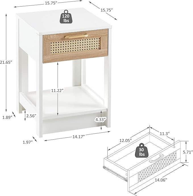 Rattan Nightstand - Wooden Boho End Table with Storage Drawer and Opening Shelf, Bedside Tables Bed Side Table Accent Table for Living Room, Bedroom Small Space