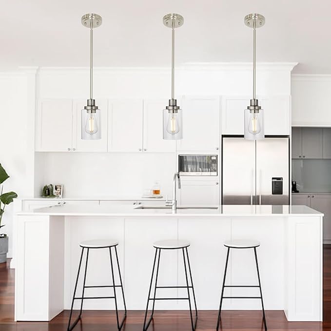 MELUCEE 3 Pack Kitchen Island Pendant Lighting Adjustable Hanging Ceiling Lamp Brushed Nickel Finish with Clear Glass Shade for Bar Dining Room Corridor Living Room Bedside