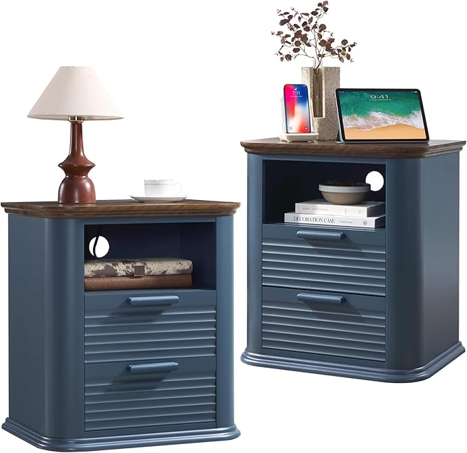 Okvnbjk 22" Fluted Nightstand Set of 2 with Charging Station, Modern End Table with 2 Drawers & Open Storage, Bedside Table for Living Room, Bedroom, Side Tables Curved Profile Design, Navy Blue